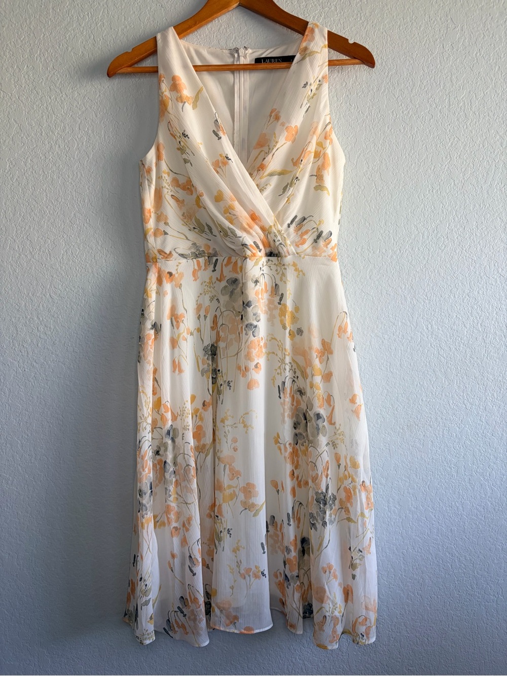 Ralph Lauren Cream Floral Midi Dress with Peach and Gray Accents